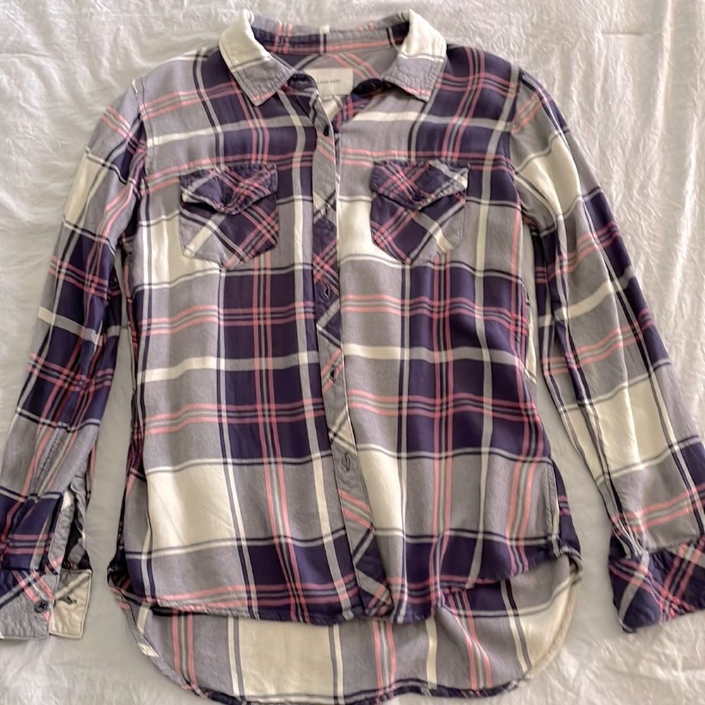 Anthropologie Lena Case Plaid Button Down Shirt Purple Pink Cream Size S